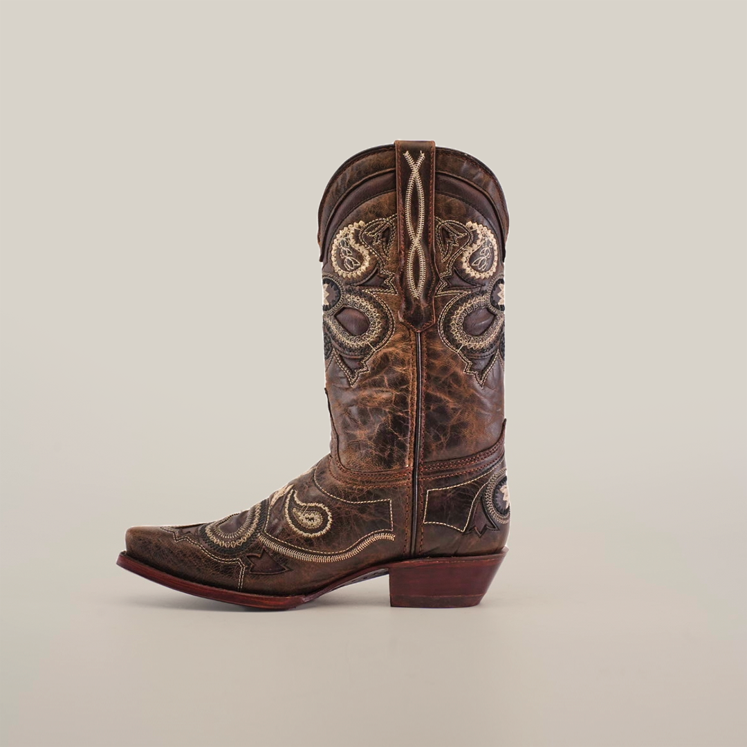 The Etnia Tabaco - Short Shaft - Snip Toe boot, showcased on a white background, is a brown cowboy boot for women featuring superior leather craftsmanship, intricate light embroidery, decorative stitching, and a stacked heel.