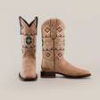 The Palles Aztec Stitch Fawn boots feature a tan color, Aztec-inspired stitching, and turquoise starburst designs. Made with premium leather for a slightly worn look, they have genuine leather soles and dark brown heels. Positioned side by side on a plain white background, theyre truly striking.