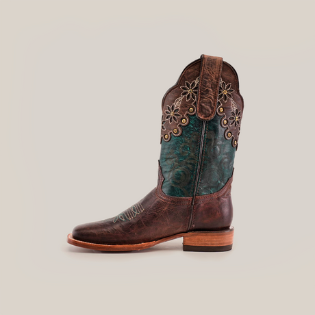 Explore the Grecas Brown - Short Shaft - Square Toe boots, a luxurious blend of traditional craftsmanship. These feature a brown foot and heel, turquoise shaft with floral embroidery, scalloped edges, pull straps, and a light brown sole.