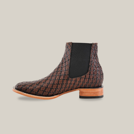 Basket Weave BlackBrown Square Toe Boot with woven texture, side elastic panels, and a wooden heel shown on a white background.