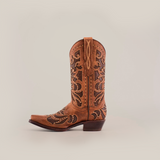 The Cotulla Tabaco Crystals - Short Shaft - Snip Toe boot showcases intricate stitching and cutout designs on the shaft and foot, exuding Western sophistication with a pointed toe and low heel against a plain white background.