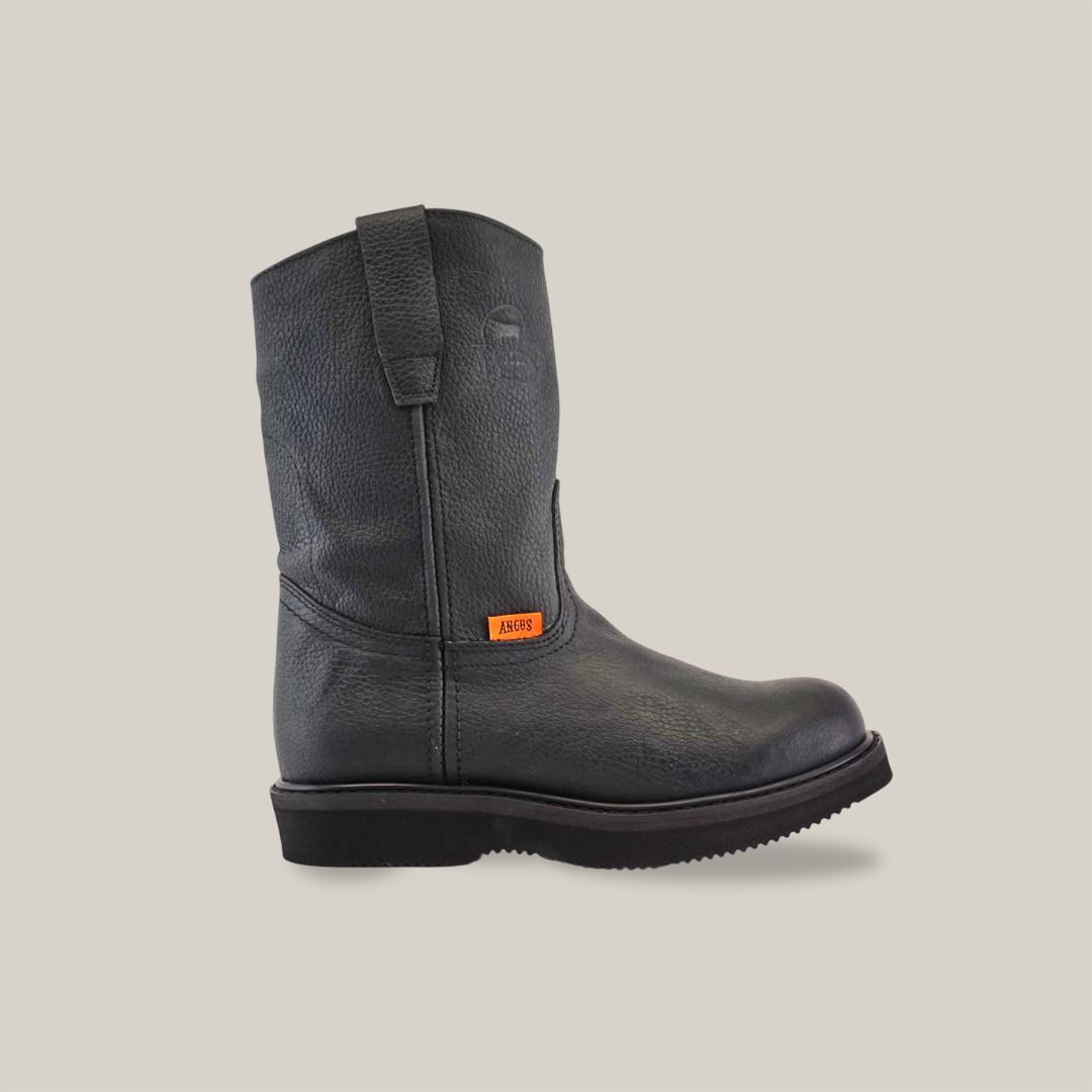 Displayed on a white background, a pair of premium cowhide work boots shows one boot upright and the other in side profile. Both feature thick soles and pull tabs at the top, classic traits of durable work boots like the Black Roper - Laredo Sole - Soft Toe.