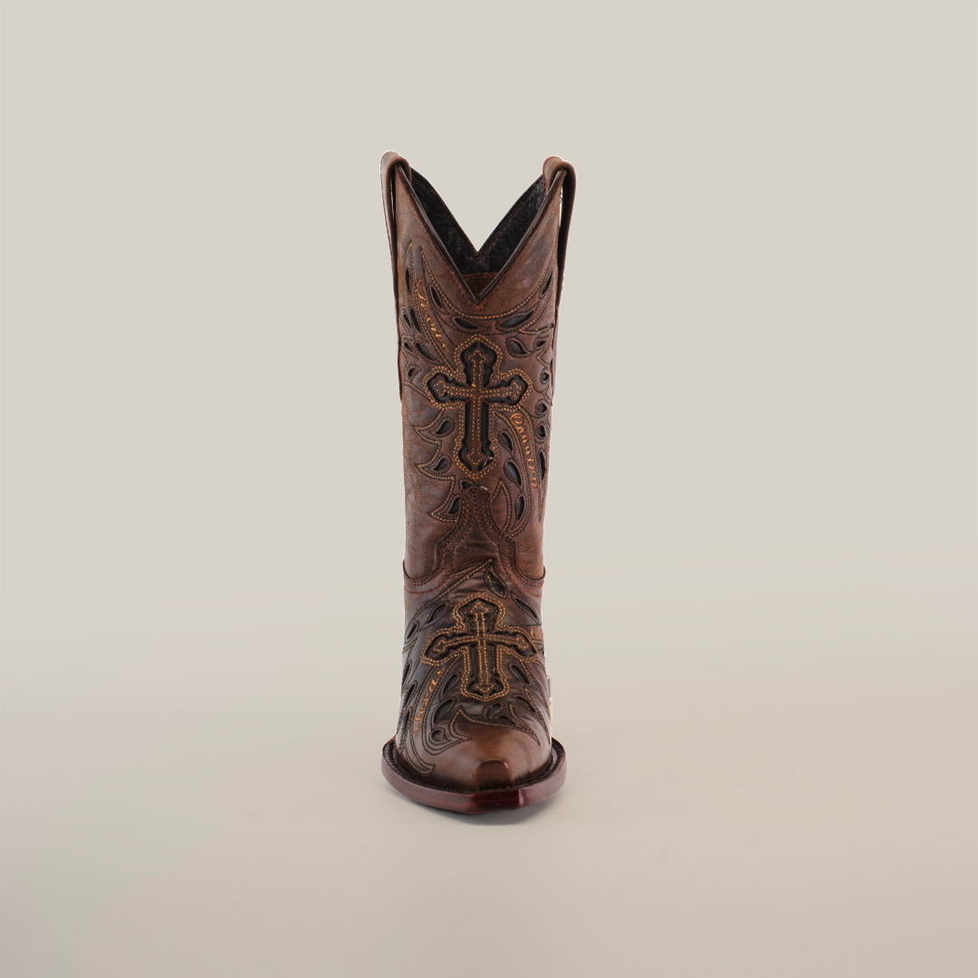 Front view of the Texas Cruz Tabaco womens boot in premium leather, featuring decorative cross designs and intricate stitching on the mid shaft and snip toe, set against a plain white background.