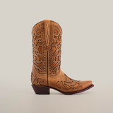 The Cotulla Fawn Crystals cowboy boot, with its intricate embroidery and decorative stitching, is displayed against a white background. This short shaft, snip-toe design embodies Western fashion with luxury craftsmanship.