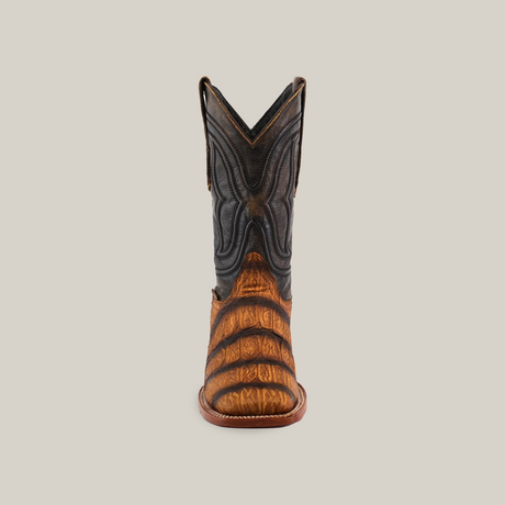 Front view of the Gator Print Rustic Honey - Square Toe cowboy boot with a textured gator print lower section and dark premium cowhide leather upper featuring intricate stitching, set against a plain white background.