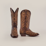 The Vitralli Studs Tabaco boots, mid shaft with a narrow square toe, feature intricate floral and geometric patterns on premium leather against a white background.