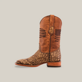 The American Alligator Print Rustic Orix - Square Toe cowboy boot has a brown leather upper with embossed geometric patterns, textured lower design, decorative horizontal shaft slits, wooden heel, leather sole, and pull strap for easy wear.