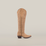 A tall-shaft, snip-toe Madona Sand Suede cowboy boot with intricate stitching is showcased from the side against a plain white background.