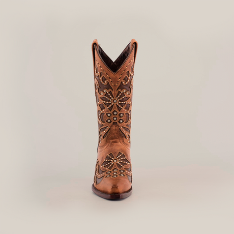 A single Cotulla Tabaco Crystals cowboy boot, with a short shaft and snip toe design, radiates Western elegance with intricate swirls and shapes on the shaft, set against a plain white background.