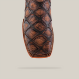 Close-up of the Big Bass Pirarucu Print Rustic Brown cowboy boot, featuring a square toe and textured pirarucu print resembling reptile scales, with intricate stitching and a polished look on a white background.