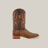 A single Jumbo Python Print Camel cowboy boot with a square toe, crafted from premium cowhide and featuring intricate embroidery on the shaft and textured detailing, stands upright on a light background.