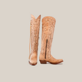 The Tania Orix - Tall Shaft - Snip Toe womens boots are presented on a white background. The tan western boots boast intricate stitching, with the right boot displaying its embroidered front and snip toe, while the left shows off a zipper side view and both have medium brown soles and low heels.