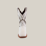 Front view of the Karoo Ostrich Print White - Square Toe boot, crafted from premium cowhide leather with decorative stitching and brown detailing. Featuring a square toe and a brown sole, set against a pristine white background.