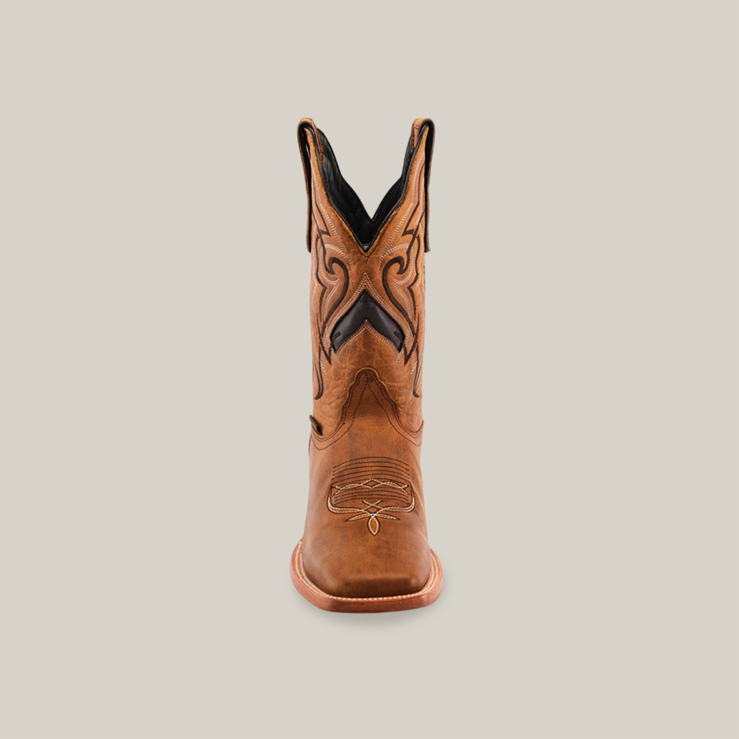 Front view of the Wild Mustard - Square Toe cowboy boot, featuring decorative stitching and black accents on a brown leather body with a genuine leather sole, set against a white background.