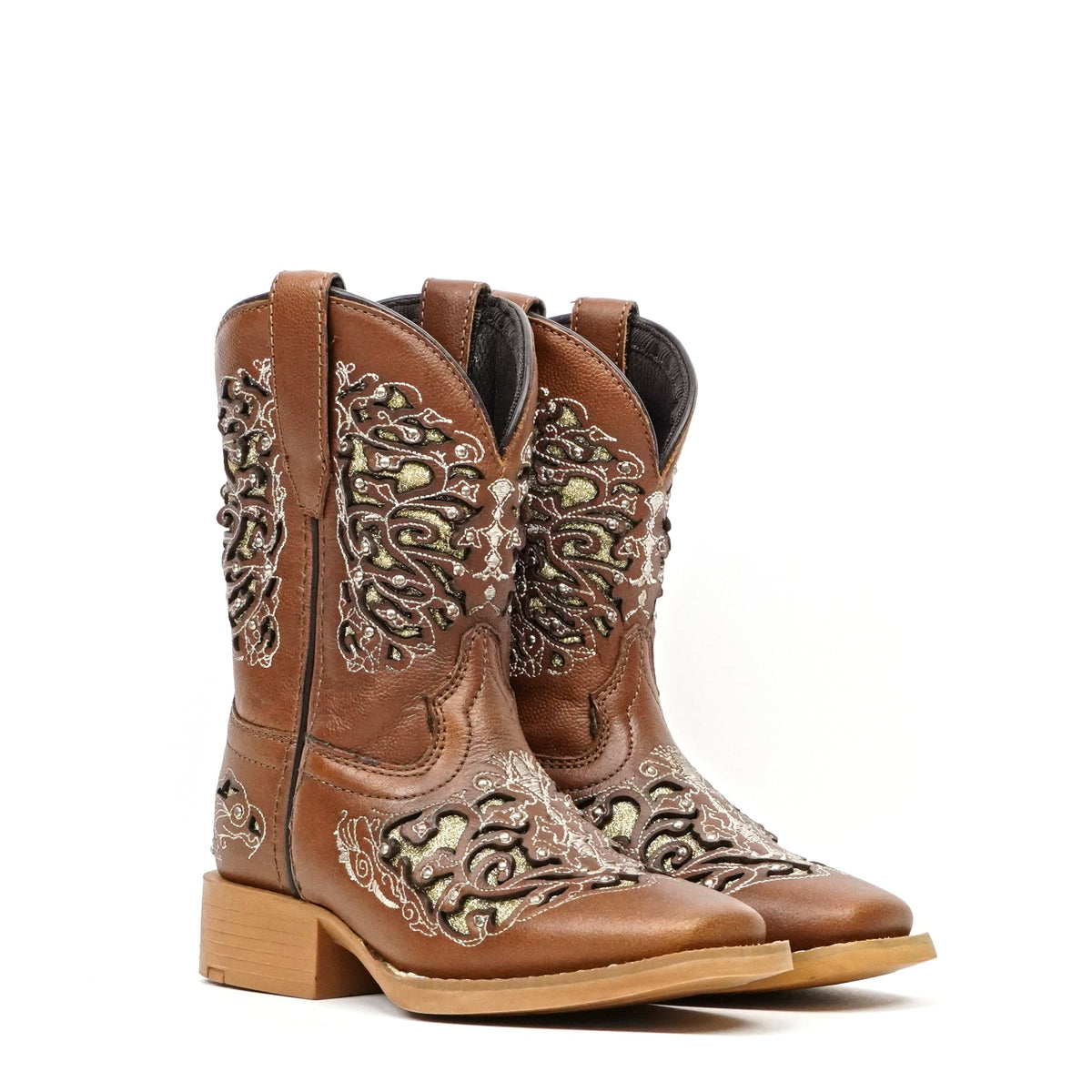 Tan & Crystals Girls Boots - Slip-Resistant Soles - Square Toe - Gomez Western Wear