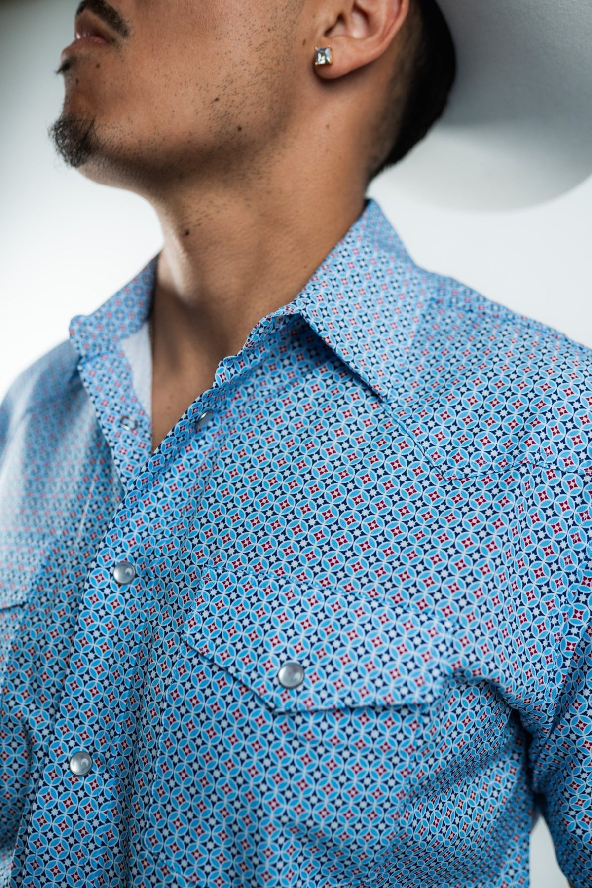 Texas Country - Geometric Blue Pearl Snap Short Sleeve Shirt (RT101S/T #1105) - Gomez Western Wear