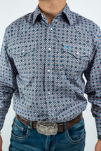 Texas Country - Gray Geometric Print Pearl Snap Long Sleeve Shirt (PS100L/T #1076) - Gomez Western Wear