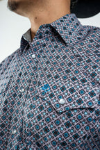 Texas Country - Gray Geometric Print Pearl Snap Long Sleeve Shirt (PS100L/T #1076) - Gomez Western Wear