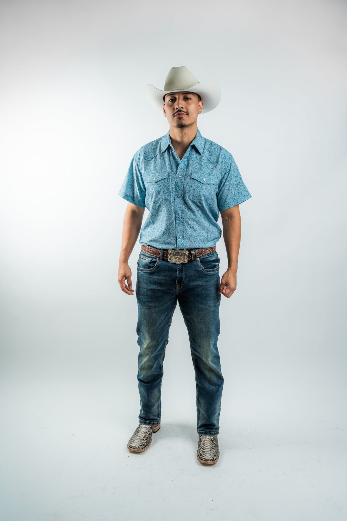 Texas Country - Light Blue Floral Pearl Snap Short Sleeve Shirt (RT101S/T #1100) - Gomez Western Wear