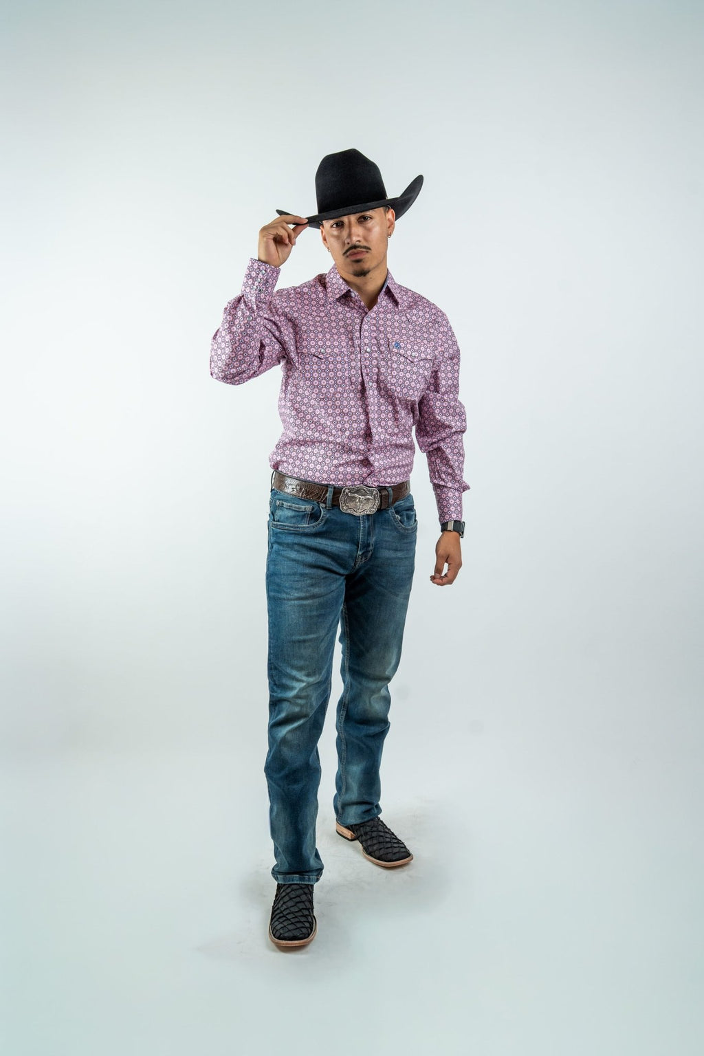 Texas Country - Pink Geometric Print Pearl Snap Long Sleeve Shirt (PS100L/T #123) - Gomez Western Wear