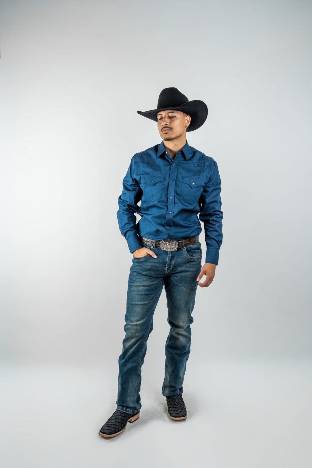 Texas Country - Solid Navy Blue Pearl Snap Long-Sleeve Shirt (AC108L/T) - Gomez Western Wear