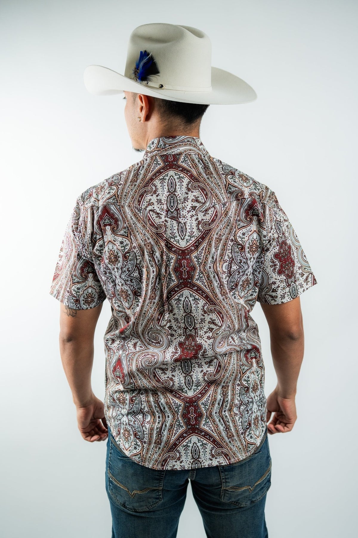 Texas Country - White &amp; Maroon Floral Pearl Short Sleeve Shirt (PS100S/T #1120) - Gomez Western Wear
